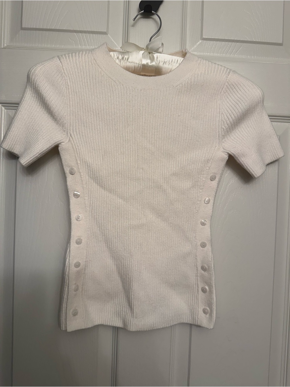 Abercrombie & Fitch Cream Ribbed Short-Sleeve Button-Accent Sweater